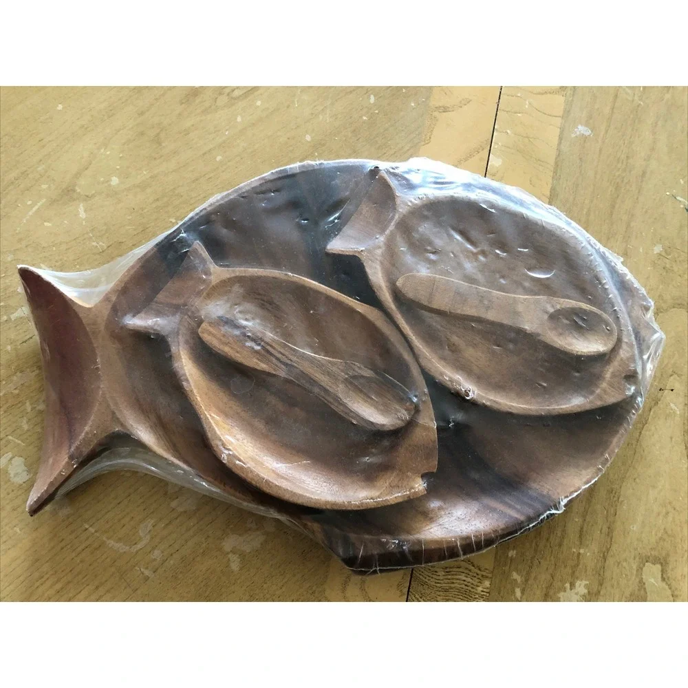 Vintage Wooden Fish Shaped Bowls SET - New (Rare) Made In Philippines